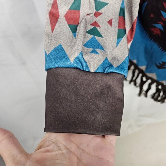 Blue Brown Aztec Kimono Fringed Southwestern Bohemian Cardigan XL - Picture 4 of 12